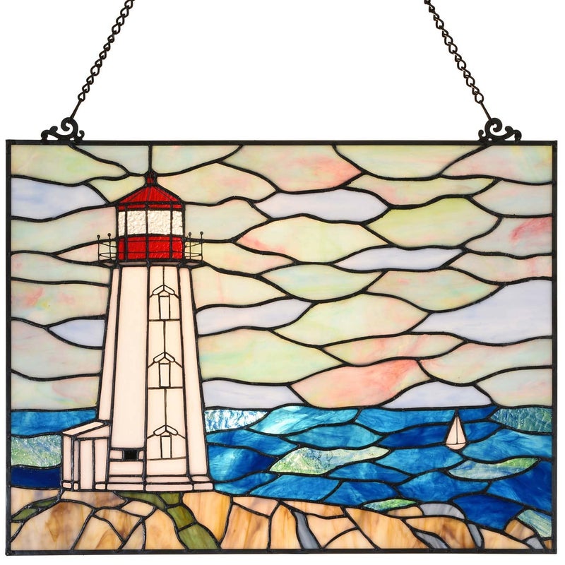 Bieye W10066 Peggy's Point Lighthouse Tiffany Style Stained Glass Window Hangings Panel, 19" W x 14.4" H - Image 1
